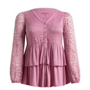 Torrid Pink Long Lace Sleeve Tiered Button Down